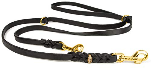 Hundeleine Leder 2m große Hunde Fettlederleine [3-Fach Verstellbar] Lederleine geflochten – robuste Leine Hund mit Messingbeschlägen, Führleine Hund & Freihandleine, Dog Leash Schwarz 20mm