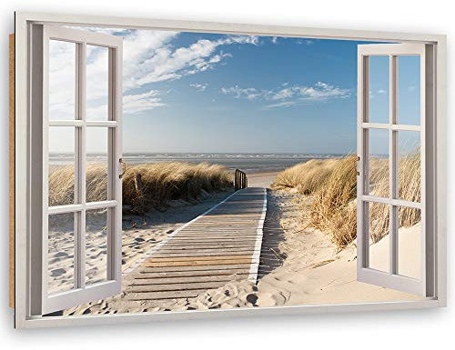 Feeby - Wandbilder Wohnzimmer 60x40 cm, Deko Paneel Bilder, Bilder für Schlafzimmer, Echter Gemalter Effekt, Moderne Wanddeko, Gemälde - Fensterblick, Meereslandschaft - Beige