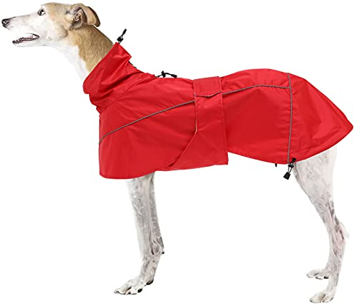 MOREZI Windhund-Regenmantel, regenfest/wasserdicht, hoher Bund mit verstellbarem Kordelzug und Hüftgurt, geeignet für Windhunde und ähnliche mittlere und große Jagdhunde-Rot-S