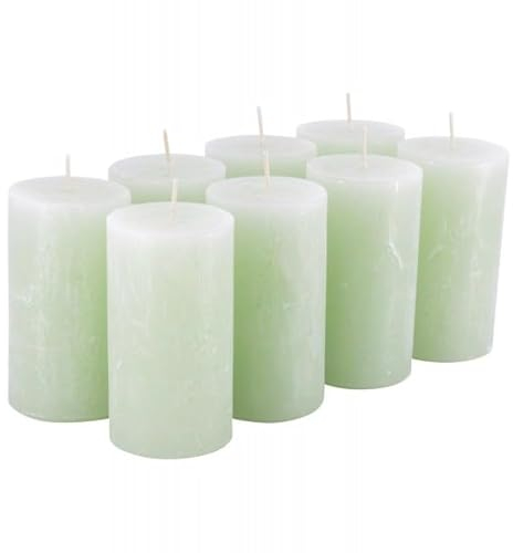 Rustikale Stumpenkerzen – 8 Stück - Wachskerzen/Rustickerzen/Adventskerzen Weihnachten (Softgrün, Standard: Höhe 11cm / Ø 6cm)
