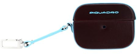 PIQUADRO - Custodia per Auricolari in Pelle Blue Square - Unisex - Mogano | Salvaspazio, Protettiva, Moschettone, Trasferte, Uso quotidiano