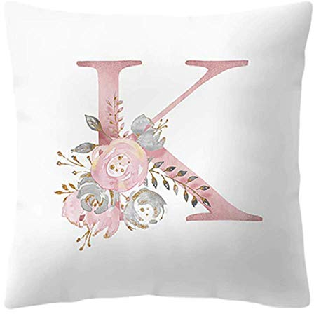 Kissenbezug – 45 x 45 cm – Buchstabe K – Alphabet – Name – Initiale – Sofa – Bett – Zimmer – Rose – Blumen – Farbe Weiß