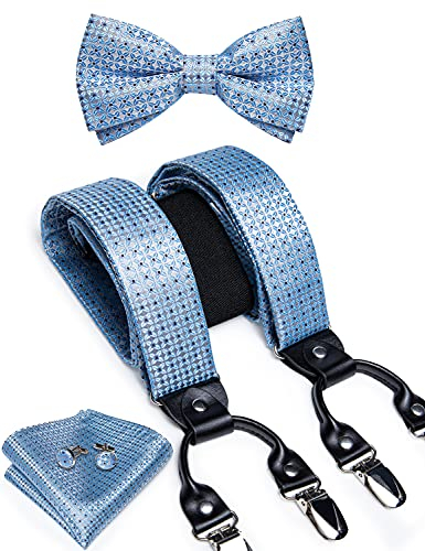 DiBanGu Paisley-Fliege und Untersetzer-Set für Herren, Smoking-Clip, Supender, Einstecktuch, Hosen-Hosenträger, 02 Hellblau, Einheitsgröße
