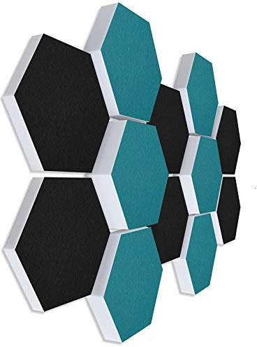 platino24 Schallabsorber COLORE aus Basotec G+ I Akustikpaneele mit Akustikfilz I 3D Wand-Paneele mit 12 Waben in Schwarz + Petrol I Akustikplatten zur Schalldämmung in Büro, Studio & Wohnung