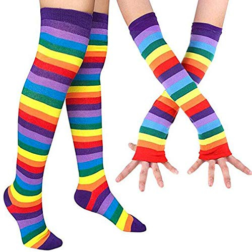 BundleMall Gestreifte lange Strickhandschuhe, kniehohe Streifen, Socken, Leggings, Party-Kostüm, Zubehör, 2 Paar, regenbogenfarben, One size
