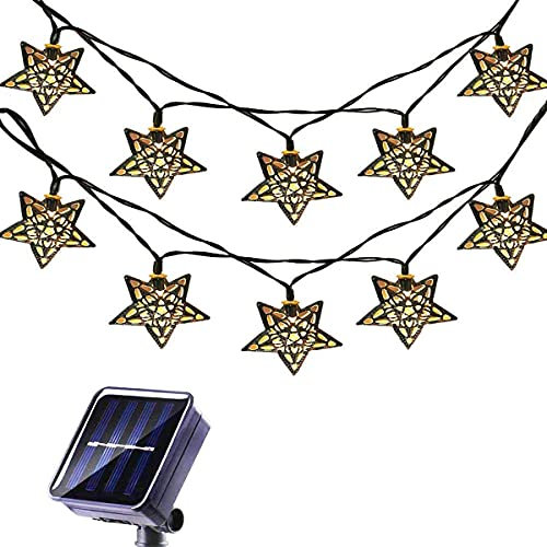 KINGCOO Silberne marokkanische Stern-Lichterkette, 20 LEDs, Eisen-Metall-Laterne, solarbetriebene schillernde marokkanische Lichterkette mit 8 Modi, Ambientebeleuchtung für den Außenbereich, Garten,