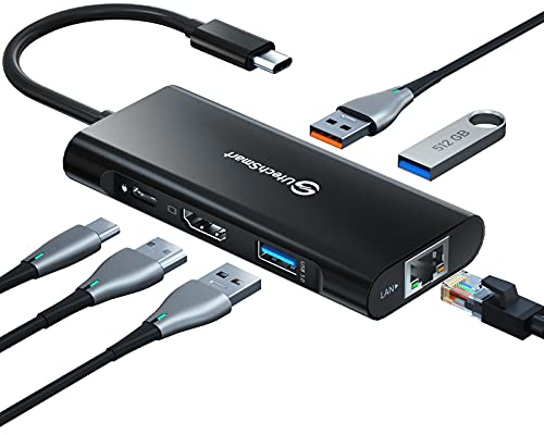 USB C Hub, UtechSmart 6 in 1 USB C zu HDMI Adapter mit 1000M Ethernet, PD 100W Ladeanschluss, 3 USB 3.0 Ports Adapter Kompatibel für MacBook Pro, Chromebook, und USB C Geräte(Schwarz)