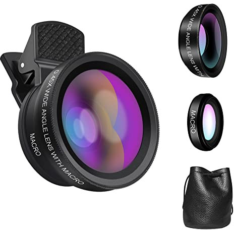 LEIZHAN Universal Phone Camera Lens Kit, Wide-Angle Lens/Macro Lens, Universal Clip and Lens Cleaning Bag, Compatible with Most Smartphone (Black)