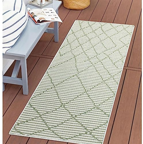 carpet city Outdoor Teppich Terrasse Wetterfest - 80x150 cm - Balkonteppich Grün - Raute-Optik - In-& Outdoor Teppiche für Veranda, Garten, Küche, Bad oder Wohnzimmer