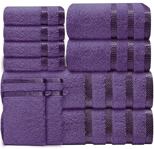 Casabella Luxury Bath Towel Set- 10 Piece Towels for Bathroom 100% Cotton-2 Bath Towels, 2 Hand Towels, 4 Face cloth & 2 Body Wash Gloves Highly Absorbent Hotel Quality Towel Bale Set Purple