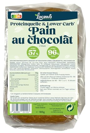 Locawo Proteinquelle & Lower Carb Pain au chocolat | Schokocroissant | Eiweißbrötchen | Voller Weizengeschmack | ideal für eine eiweißreiche, kalorien- und zuckerreduzierte Ernährung