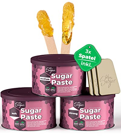 3er Set Sugaring Paste Mrs. Sugar 3x Spatel, Zuckerpaste Haarentfernung je 550g Soft, Medium, Strong mit 3 Spatel (3er Mix)