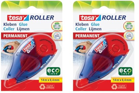 tesa Roller Kleben Permanent ecoLogo - Nachfüllbarer Kleberoller mit reißfestem Band und doppelseitigem Klebefilm - lösungsmittelfrei - 14 m x 8,4 mm (Packung mit 2)