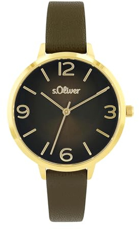 s.Oliver Armbanduhr Damen Quarzuhr analog, mit Leder Armband, Gold, 3 bar wasserfest, Kommt in Uhren Geschenk Box, 2036549