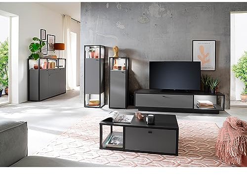 Wohnzimmermöbel Set Wohnwand grau 5-teilig Modern mit anthrazit, 3 Highboards, 1 Lowboard, 1 Couchtisch