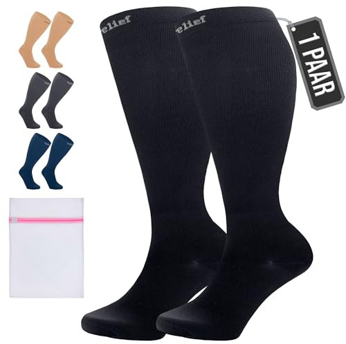 360 Relief Kompressionsstrümpfe Damen und Herren - 1 Paar Kompressionssocken Einfarbig für Sport, Laufen, Flug, Reise, Joggen, Radsport, kniestrümpfe, 4XL Schwarz mit Wäschenetz