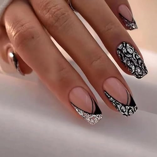 24pcs Short Square False French Tip False Nails Stick on Nails Glitter Press on Nails Removable Glue - on Fake Nails Acrylic Full Cover Nails Women Girls Nail Art Accessories (French Flash Black)