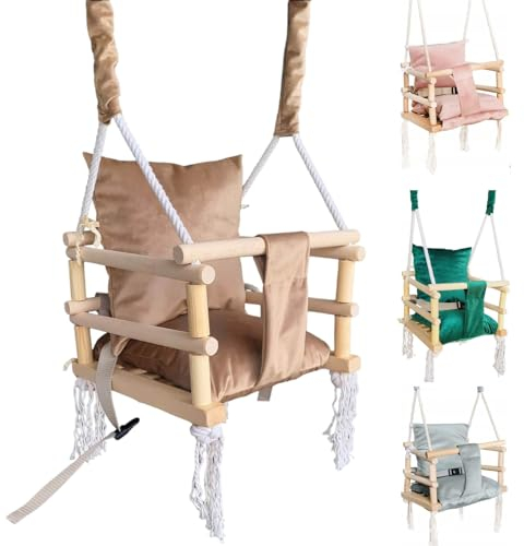 Columpio de madera para bebé, de tela, cojín para asiento de bebé, columpio para colgar, 3 en 1 (marrón)