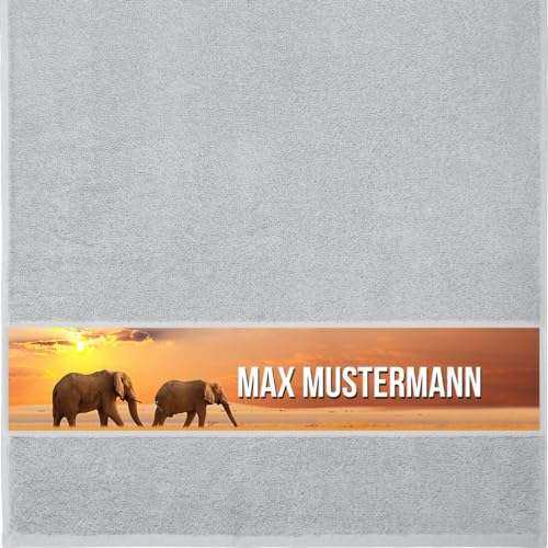 Erwin Müller Handtuch mit Namen - personalisiert - Motiv Tiere - Elefant - viele Farben & Motive - Dusch-Handtuch - hellgrau - Größe 50x100 cm - persönliches Geschenk mit Wunsch-Name