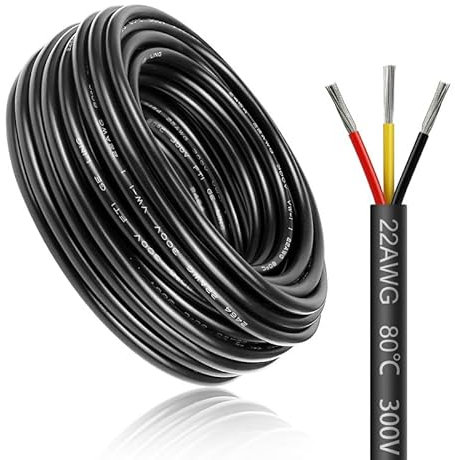 Cavo elettrico da 5 metri, 22 AWG, 3 x 0,3 mm², cavo di alimentazione a 3 fili, 5 V/12 V/24 V, cavo di alimentazione in rame stagnato, flessibile e morbido, a bassa impedenza ad alta temperatura