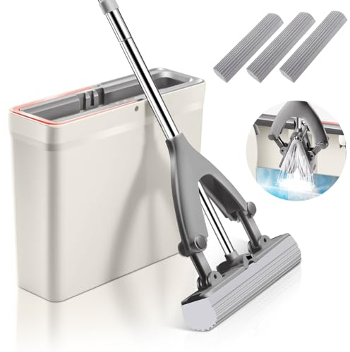 Sponge Mop and Buckets Sets, PVA Sponge Mop with 3pcs Replacement Absorption Sponge Heads and Wringing Bucket, Hands Free Squeeze Mop Floor Mops for Cleaning Laminate, Tile, Hardwood Floor
