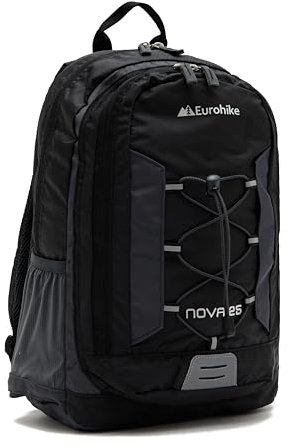 Eurohike Nova 25 Litre Daysack with Ventilated Back Panel, Lightweight, Packable, Adjustable 25L Daypack, Backpack, Rucksack, Bag for Men Women & Kids, School, Commuting, Camping, Hiking (Black)