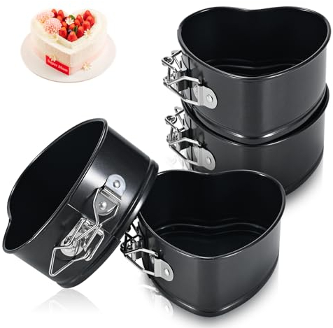 ECCOGREAT Juego de 4 moldes para tarta de queso antiadherentes en forma de corazón de 10 cm, herméticos con fondo extraíble, adecuados para mini tartas, pizzas y soufflés, tartas de queso