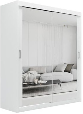 ELUKS SKY Double Sliding Doors Wardrobe with Mirror Drawers Furniture for Bedroom Living Room and Hall Wardrobe Organizer Width 100cm/120cm/150cm/180cm/200cm (White, 180cm)