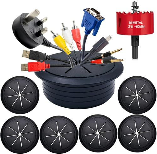 6-teiliges TV-Drahtversteck-Set, Kabelkanal, Kabeldurchführung, Kabelabdeckungen für Drähte an der Wand, mit Durchgang und Lochsägenbohrer (60 mm, schwarz)