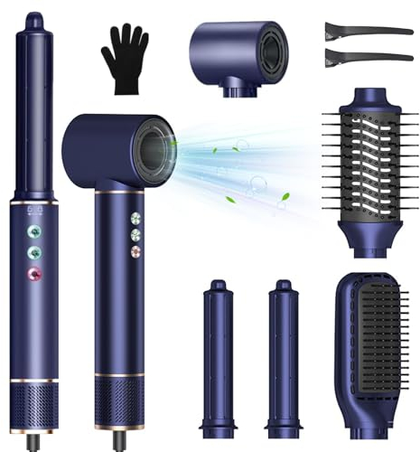 Air Styler, 110,000 RPM High-Speed Ionen Haartrockner mit Föhn, Warmluftbürste Haarstyler, 20m/s Luftstrom Föhnbürste mit Automatischer Lockenstab, Thermal Brush, Haarglätter Bürste (Blau) (Blau)