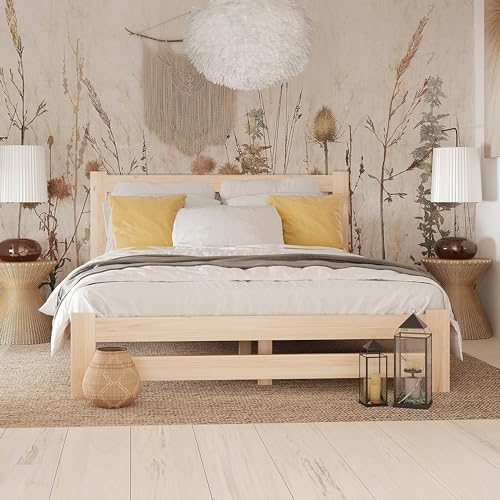 Holzbett 160x200 cm mit Lattenrost Modern Bett Bed Kiefer Massiv Bettgestell Doppelbett Massivholzbett Klassisch | Komfortabel & Langlebig | Skandinavisch Boho Landhaus Kopfteil hoch Natur