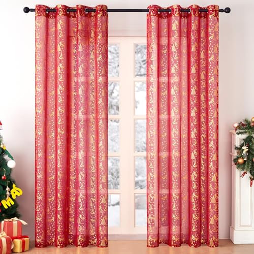 MRTREES vorhänge Weihnachten Vorhang transparent gardinen mit ösen rote gardinen mit Gold Muster gardine Wohnzimmer Schlafzimmer Vorhang 300 cm lang 140cm breit Vorhang halbtransparent 2er Set