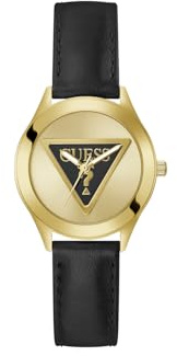 Guess Damen Armbanduhr TRI Plaque, schwarzes Lederarmband, Mineral Glas, goldenes Ziffernblatt, 5 Bar, Gehäusedurchmesser: 34 mm, GW0744L2