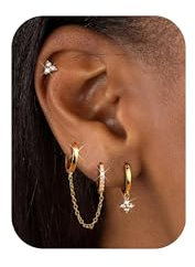 FIOROYAL 3/4 Paar Piercing Ohr Gold,14K Gold Gefüllte Ohrringe Set für Mehrere Ohrlöcher, Blume Mond Cubic Zirkon Creolen Ohrringe für Damen,Helix Piercings Medizinische Ohrstecker Gold Silber GA
