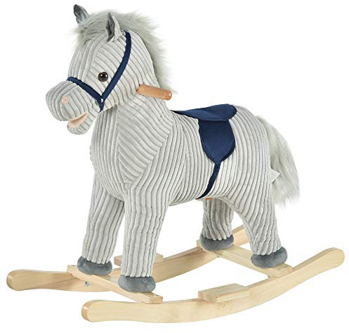HOMCOM Cheval à Bascule pour Enfant, Jouet à Bascule en Peluche, en Forme de Cheval, à Effets sonores, avec poignées, pédale, pour 36-72 Mois, 73L x 35l x 64H cm, Gris et Blanc