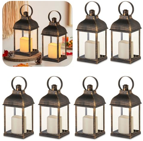 Staymoment Farolillo con velas LED en negro y dorado: juego de 6 farolillos de 22 cm como decoración de mesa, salón, balcón, decoración vintage para boda, farol de cementerio, resistente a la