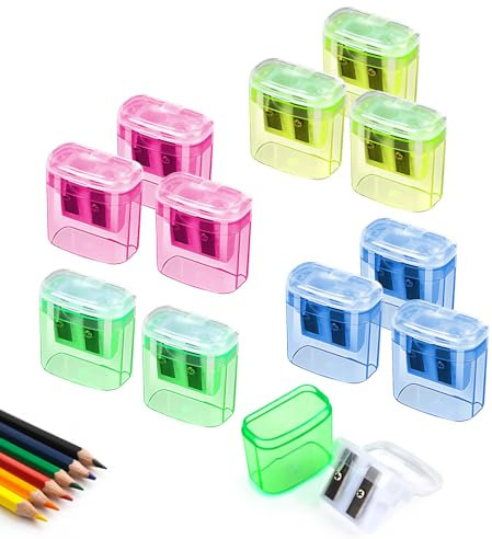 12 Stück Anspitzer mit Behälter, ELEPRUC Bleistiftspitzer, 4 Farben Doppelloch-Bleistiftspitze, Manueller Anspitzer Kinder Tragbarer für Buntstifte, Stifte, Augenbrauenstift, Spitzer für Schule Büro