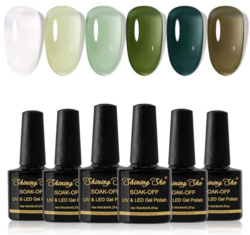 Shining She Jelly Gel Nail Polish, 6 Color White Cyan Grass Green Sheer Nail Polish Kit Transparent Nail Polish Soak-Off UV/LED Nail Polish Gel Gift for Nail Art Salon DIY Home, 8ML
