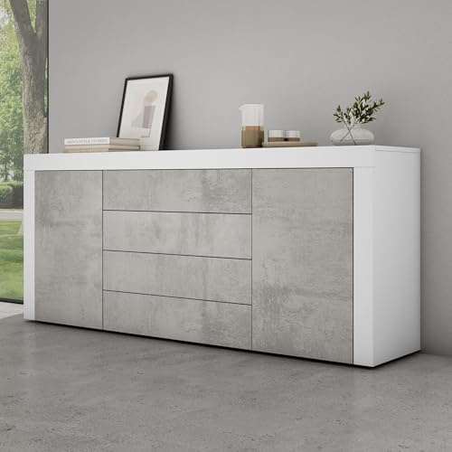 Mai & Mai Sideboard Kommode 167cm 4 Schubladen 2 Türen Stauraum | Kommode mit Schubladen & verstellbaren Böden, grifflos, matt Weiß & Beton, für Wohnbereich, BxTxH:167x36x70cm, Schrank03