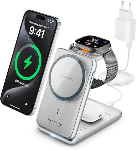 Tigratigro Caricatore Wireless Stazione, magnetico pieghevole 3 in 1 con MagSafe, Ricarica Rapid da 15W Caricabatterie per Apple iPhone serie 16/15/14/13/12, Apple Watch ed AirPods (Argento, W93)