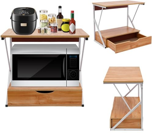 DHQCQL Scaffalatura per forno a microonde, a 2 livelli, con cassetti e coperture di protezione, scaffale da cucina in piedi per cucina e conservazione, fino a 10 kg, 54 x 35 x 50 cm