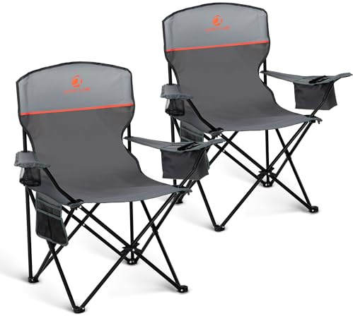 LET'S CAMP Set of 2 Folding Camping Chairs for Adults Supports 120kg Grey | Portable Outdoor Chair, Camp Picnic Chair with 3-Can Cooler Bag, Cup Holder, Storage Pocket for Camping, Beach