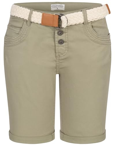 Stitch & Soul Damen Short Bermuda Kurze Hose Sommer Chino Stoff Hose mit Gürtel Neu, Hosengröße:XL / 42, Farbe:Olive