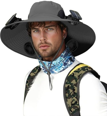 Hut Strand Abnehmbarer Solar-Ladelüfter, eingebetteter Hut mit großer Krempe, Sommer-Sonnenhut für draußen, Wander- für Herren (Version mit DREI Lüftern) Sonnenhut Größe 39 (Grey, One Size)