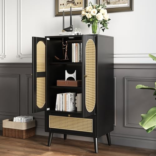 Merax Rattan Sideboard Kommode Wohnzimmer mit Rattan-Türen&Schublade, Sideboard Holz Buffet Aufbewahrungsschrank Küchenschrank mit 4 Stauräumen, Schwarz/60x40x110.5cm