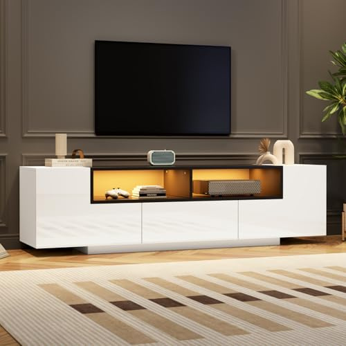 OLIVIBED TV-Schrank mit 2 Türen, Lowboard mit Offenen Fach und Schubladen, TV Board 180 cm für Fernseher bis zu 75 Zoll, Hochglanz Fernsehschrank für Wohnzimmer, Schlafzimmer, Weiß, 180x40x48cm