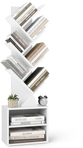 VASAGLE Custos Collection - Bibliothèque Arbre, Bibliothèque Moderne sur Pied, pour Chambre, Salon, Bureau, avec 2 Compartiments, 20,3 x 38 x 123,2 cm, Blanc Nuage LBC607WB01