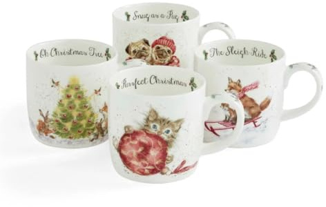 Wrendale Designs Fine China Christmas Mugs, 8x12 cm, Animal Illustrations, Festive Theme, Set of 4, Royal Worcester Collection, Kitchen and Dining