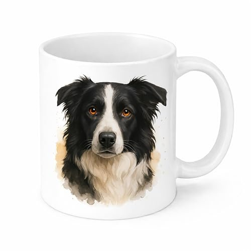 Brew Crew Gifts Border Collie Sheep Dog Watercolour Ceramic Mug, White, 11 oz, Dishwasher and Microwave Safe, Double-Sided Print, Dog Portrait Design
