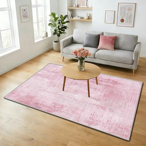 WUTONG Teppich Wohnzimmer Rosa 120x160cm, Waschbar Teppich Schlafzimmer | Vintage Kurzflor Abstrakter Weicher Kinderteppich,OEKO-TEX, für Kinderzimmer Mädchen & Jugendzimmer